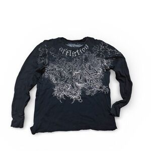 Affliction Y2K Charcoal Graphic Waffle Knit Long Sleeve Tee | Size M